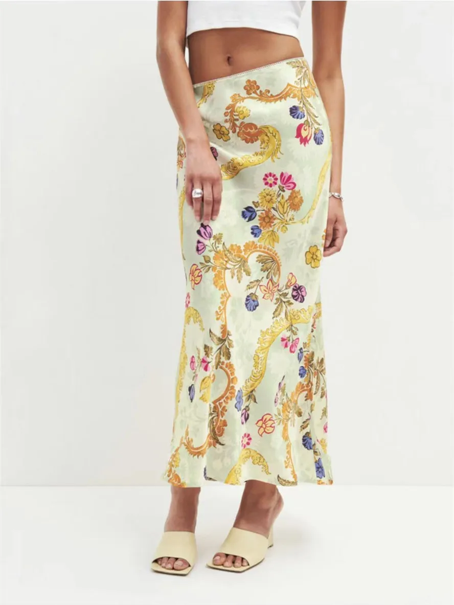 

Women Floral Printed 100% Silk Satin Diagonal Cut Long Skirt