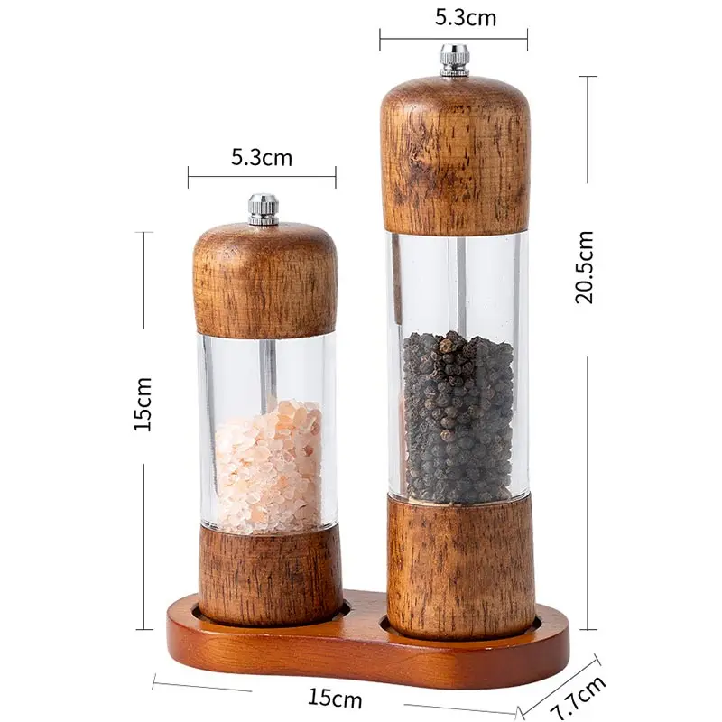 Manual Salt and Pepper Grinder 6/8 Inch Solid Wood Spice Shaker Mill Tool With Base Adjustable Ceramic Core Grinder Kitchen Tools