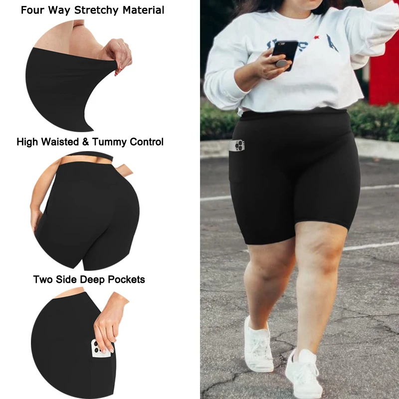 VITALINOVO Women Plus Size Biker Shorts Pockets High Waist Tummy Control Shorts for Yoga Workout Running Volleyball yoga shorts,workout shorts