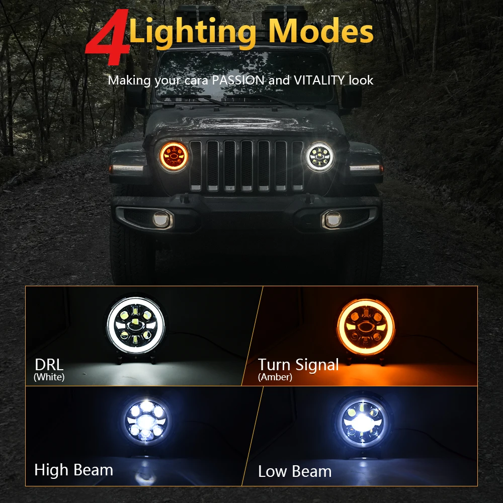 DRL 4x4 7inch Round Headlight with High/Low Beam Turn Signal Jeep Crystal Len 4