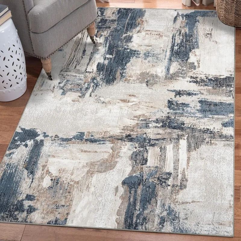 Distressed Abstract Blue Area Rug, Non-Shedding Carpet