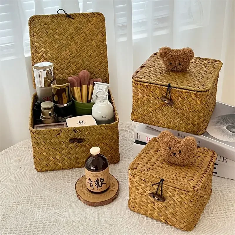 Yiomxhi 2 Pezzi Cestini Portaoggetti Cesto Vimini, Cestino Porta Carta Igienica Intrecciata con Manici in Legno, Scatola Contenitore Organizer Decorazioni per Cucina Bagno Ufficio Scaffale
