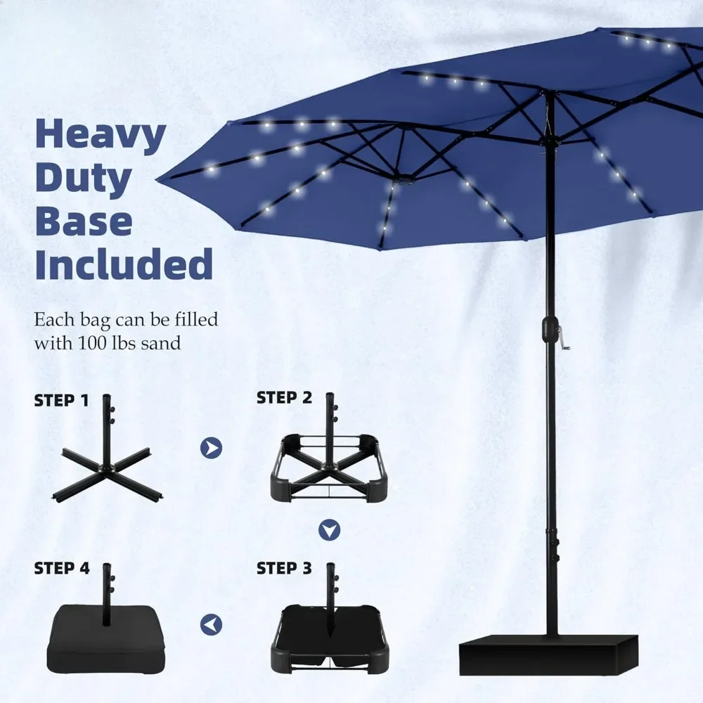 15ft Double Sided Patio Umbrella with Solar Lights, Large Market Umbrellas with Base Included, Crank Handle and 36 LED Lights 4