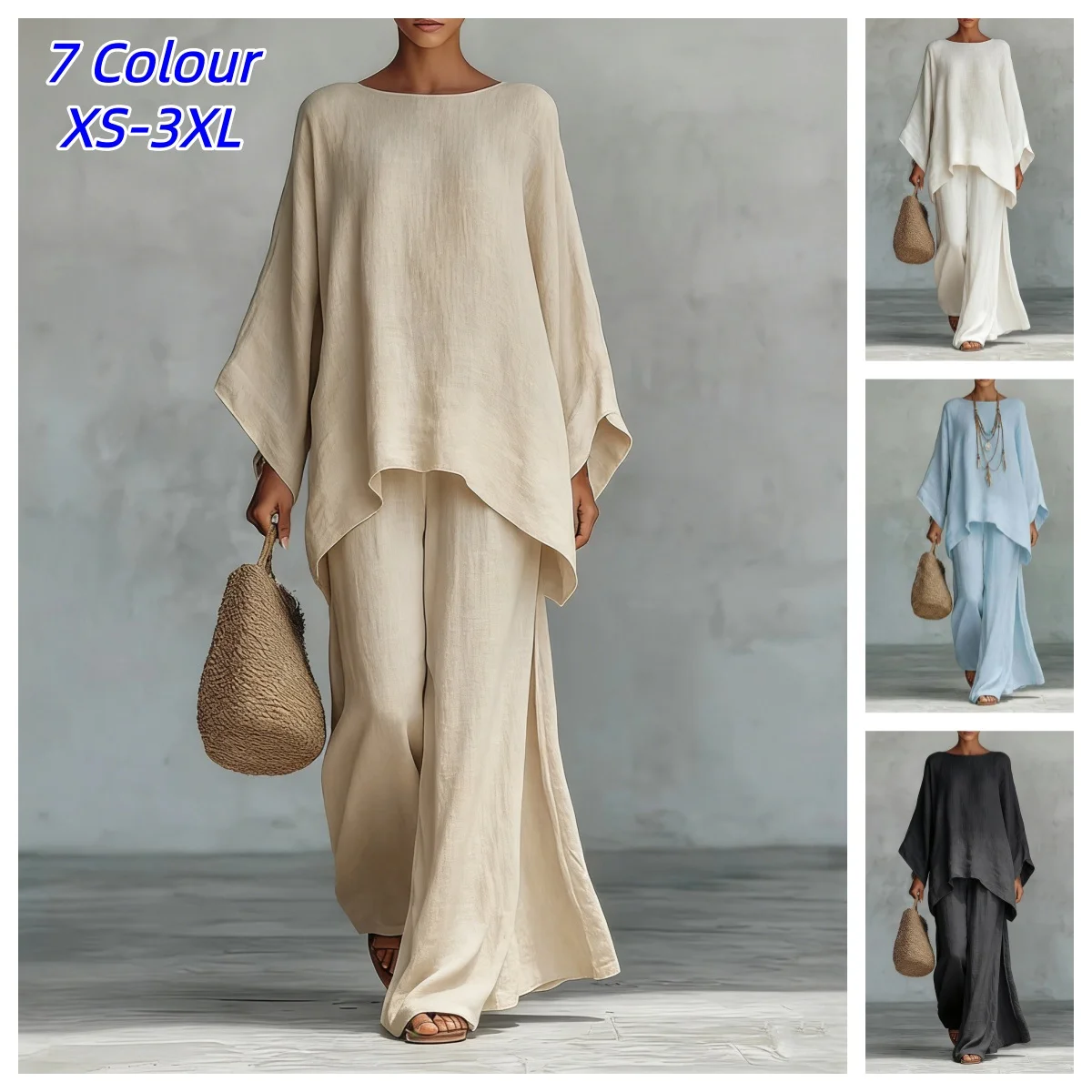 Fashion Linen Loose Long-sleeved Wide-leg Trousers 2-piece Set Women Casual Retro Elegant Female Simple Trousers Suit Old Money