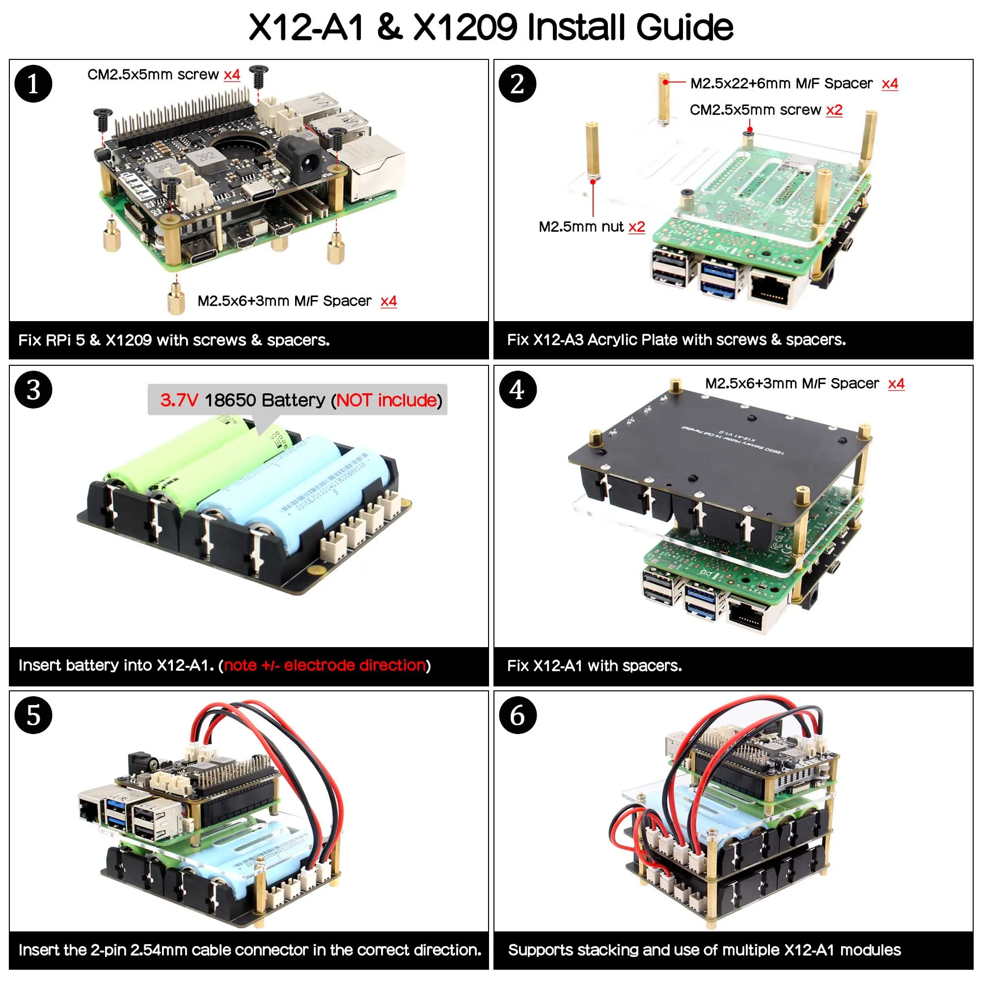 Geekbord X12-A1 V1.0 4슬롯 18650 배터리 홀더, 스택형, 라즈베리 파이 5 X1209/X1203 UPS HAT와 호환 가능