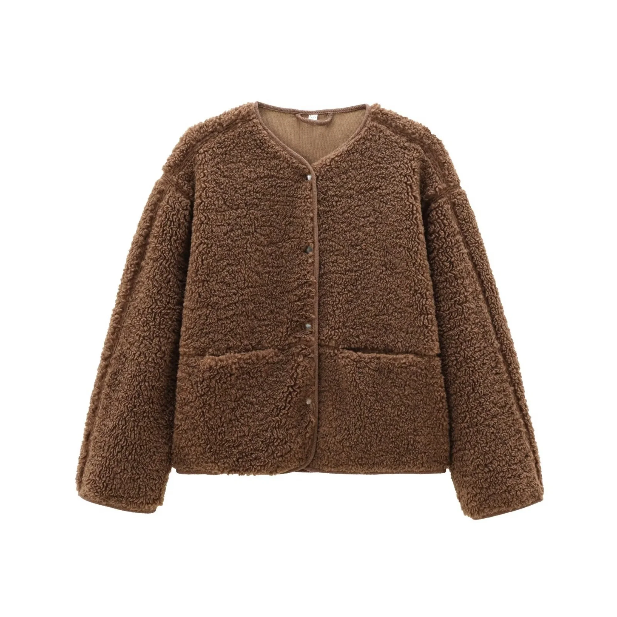 Women's Loose Casual Short Jacket Coat Female Long-Sleeved O- Neck Solid Outwear Lady Autumn Winter Warm Artificial Fleece Jacke