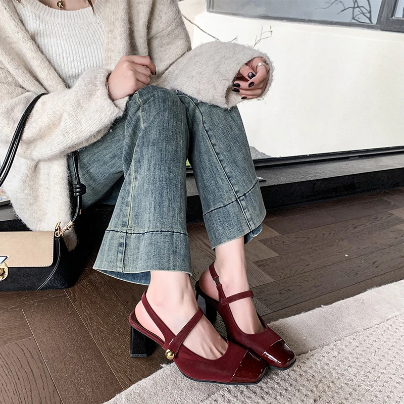 summer new elegant square head half bag ladies fashion narrow band slingback ladies all vintage high-heeled sandals