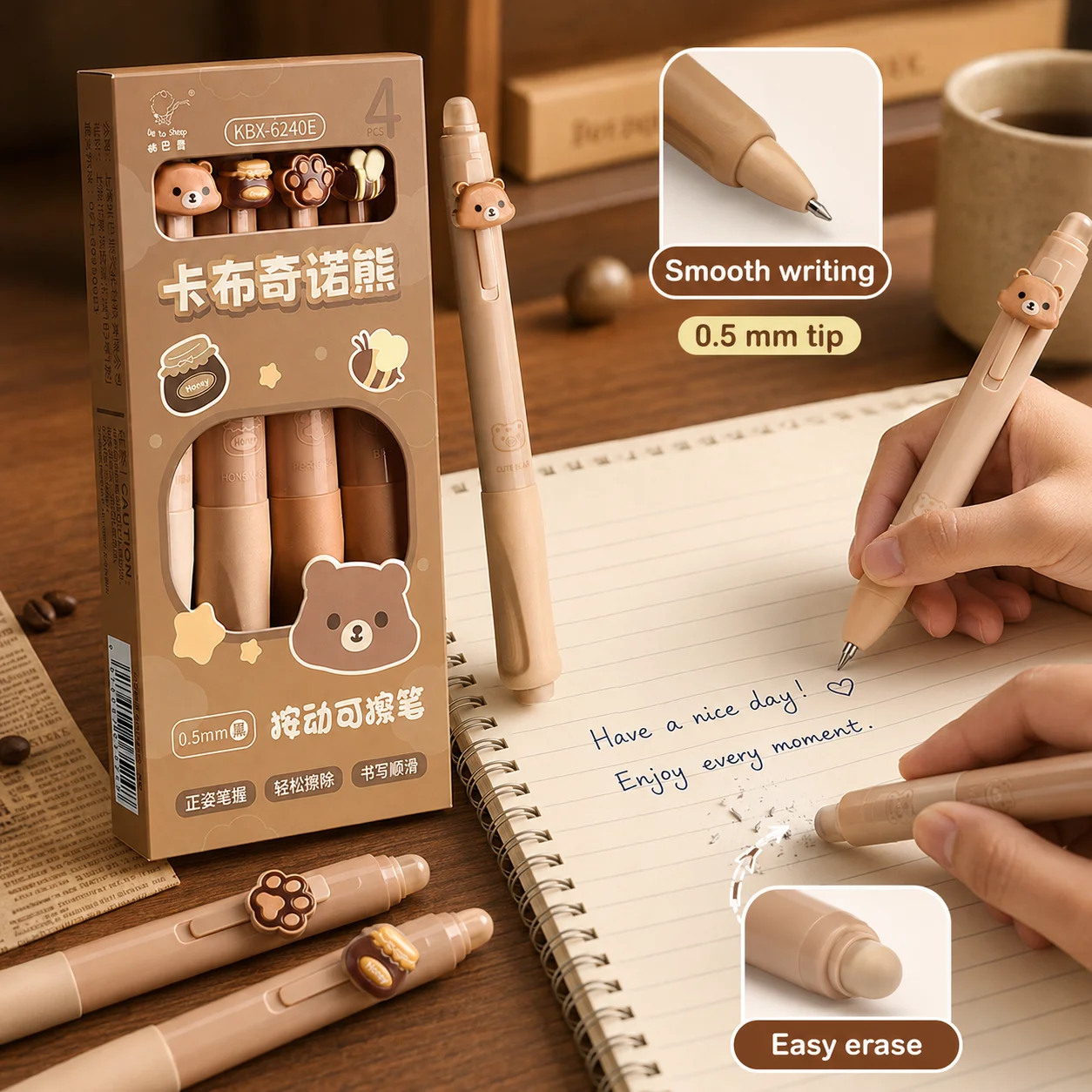 4 penne cancellabili Cappuccino Bear per la scuola, per scrivere, con inchiostro blu creativo, set di cancelleria per ufficio e scuola. - immagine 2