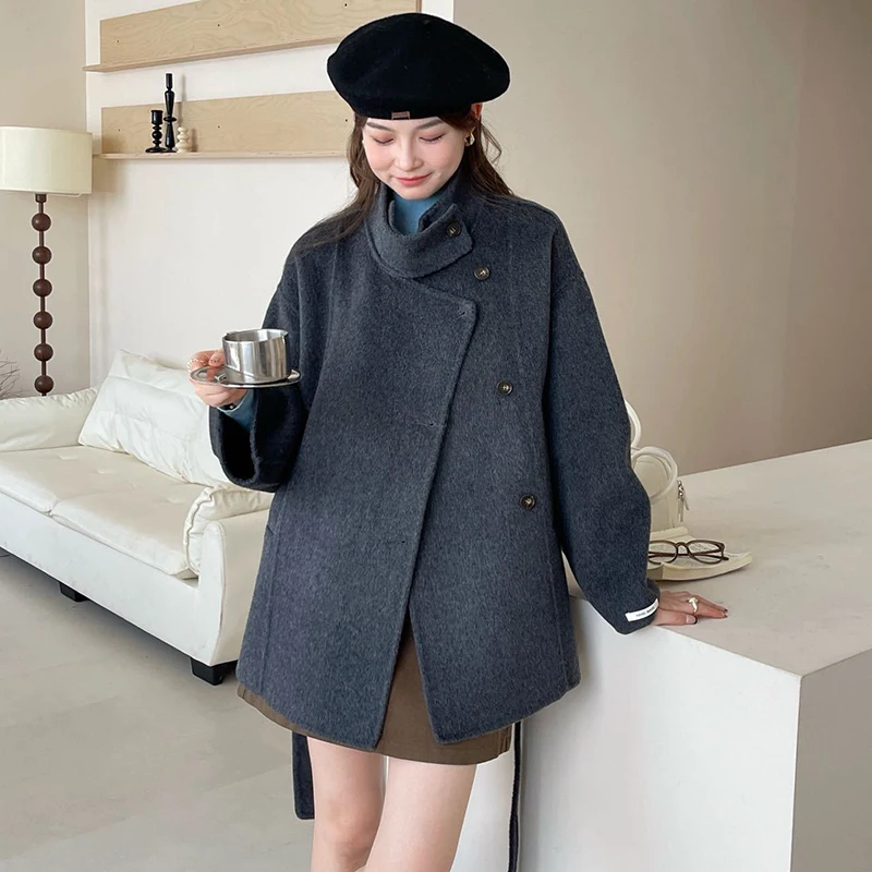LANMREM Stand Collar Drop Shoulder Womens Double-faced Woolen Coat Asymmetrical Single Breaste Reversible Overcoat With Belt - Image 5