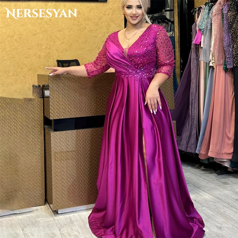 

Nersesyan Fuchsia Glitter Formal Evening Dresses V-Neck Pleats A-Line Sparkly Sleeves Prom Dress Beading Wedding Party Gowns