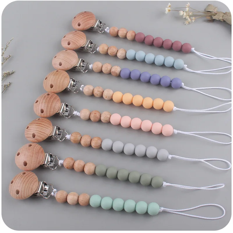 Safety Wooden Teether Baby Infant Toddler Dummy Pacifier Silicone Soother Nipple Clip Chain Holder Strap Baby Chew Toy for teething toys pacifier clip pacifier chain pacifier accessories teether clip teething toy tethers baby silicone accessories