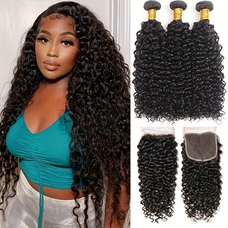 

12A Grade Brazilian Remy Virgin Curly Hair 3 Bundles with 4×4 Lace Closure Free Part 100% Unprocessed Virgin Remy Hair Kinky Cu