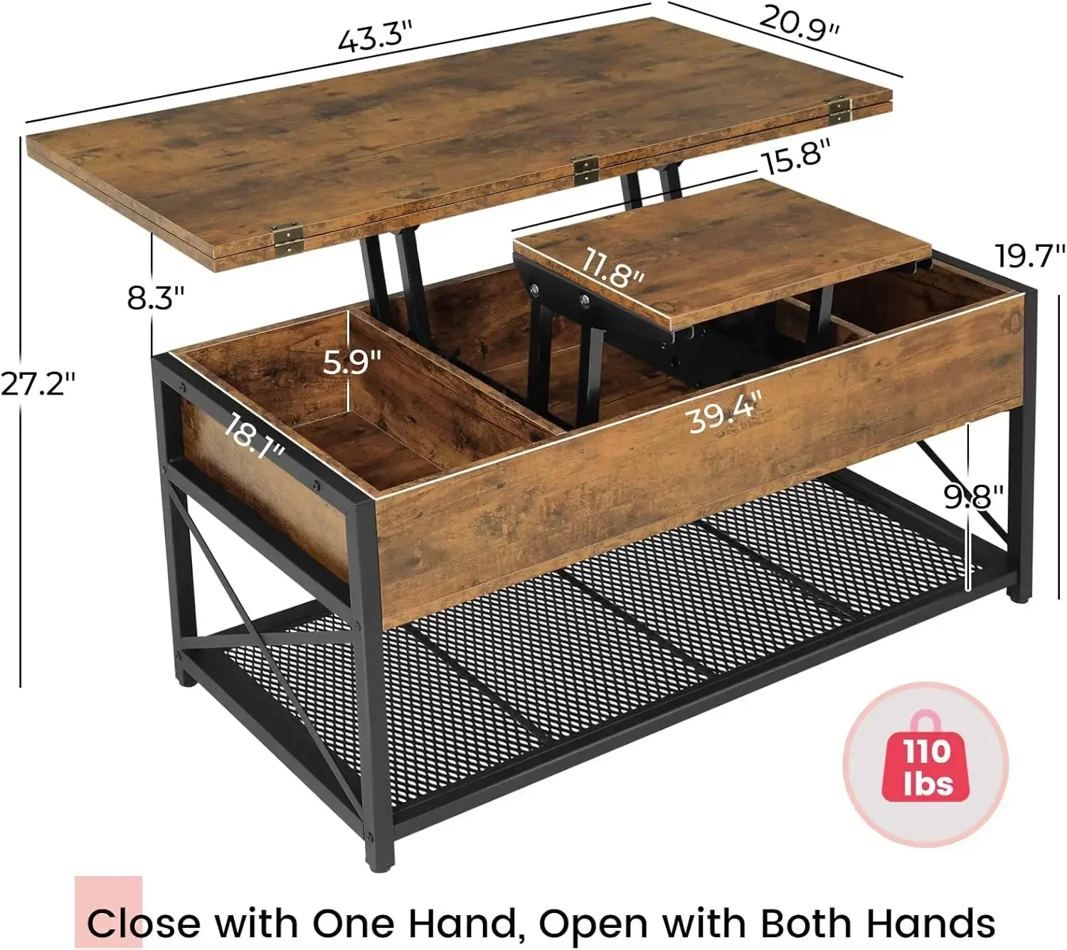 43" Lift Top Coffee Table, 3 in 1 Multi-Function Coffee Table with Storage for Living Room, Small Coffee Table , Rustic Brown. 2