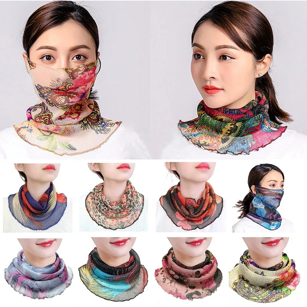 Women Chiffon Sunscreen Printing Covered Face Scarf Neck Silk Scarves Women Lace Scarf for