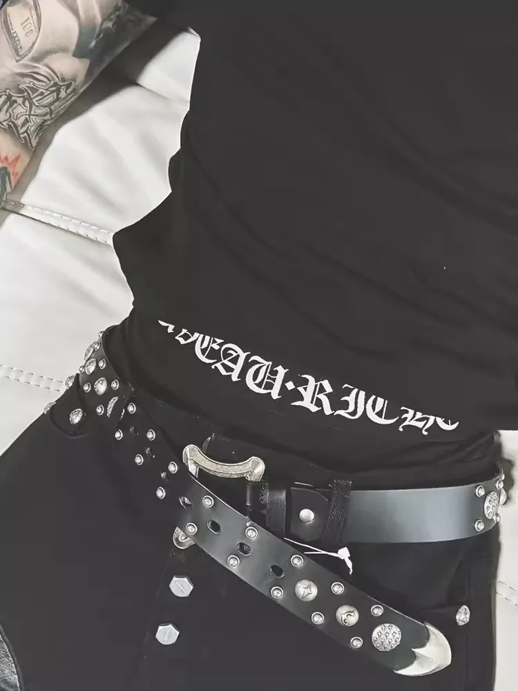 2024 Thug Club Metal Keel Belt Hip Hop Street Genuine Leather Belt 
