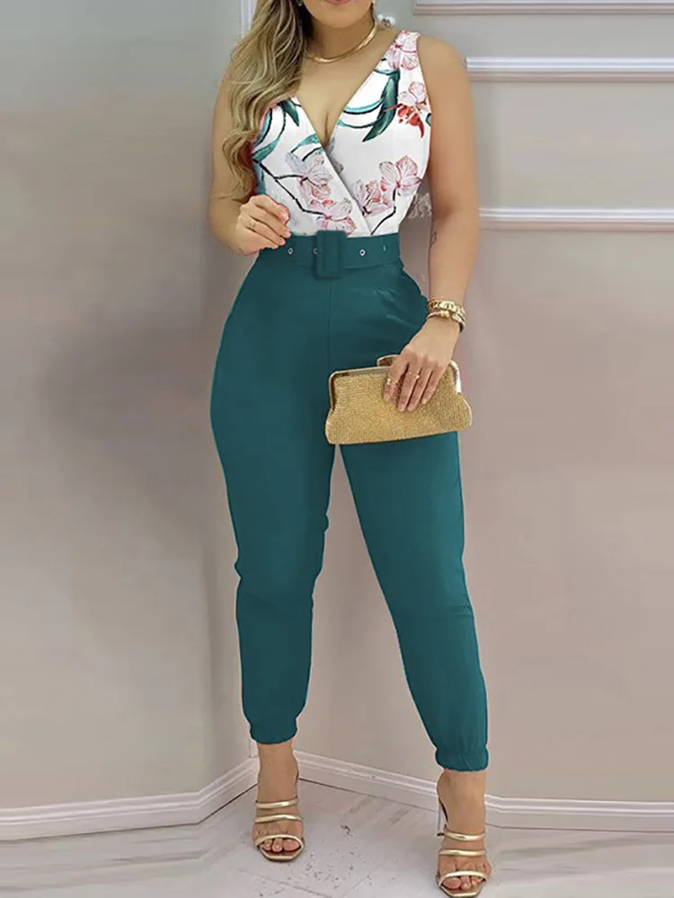 

2022 Office Lady Sexy V Neck Jumpsuit Overalls Patchwork Slim High Waist Pants Pockets Summer Print Backless Rompers With Belt