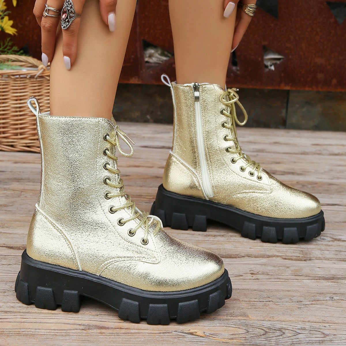 Women Golden Boots Platform Cool Retro Lace Up Shoes High Quality