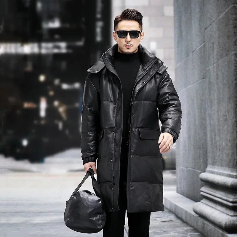 

New Winter Genuine Jacket First Layer Sheepskin Trench Coat Black Thermal Long Hooded Real Leather Down Overcoat