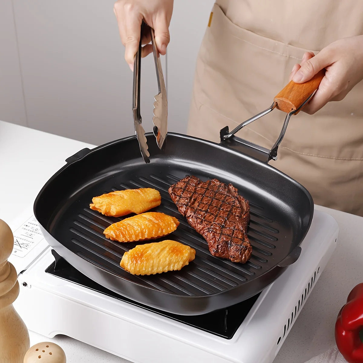 1pcs Non-Stick Cast Iron Skillet with Foldable Handle-Steak & Egg Pan, Easy Clean,Outdoor Camping Cookware