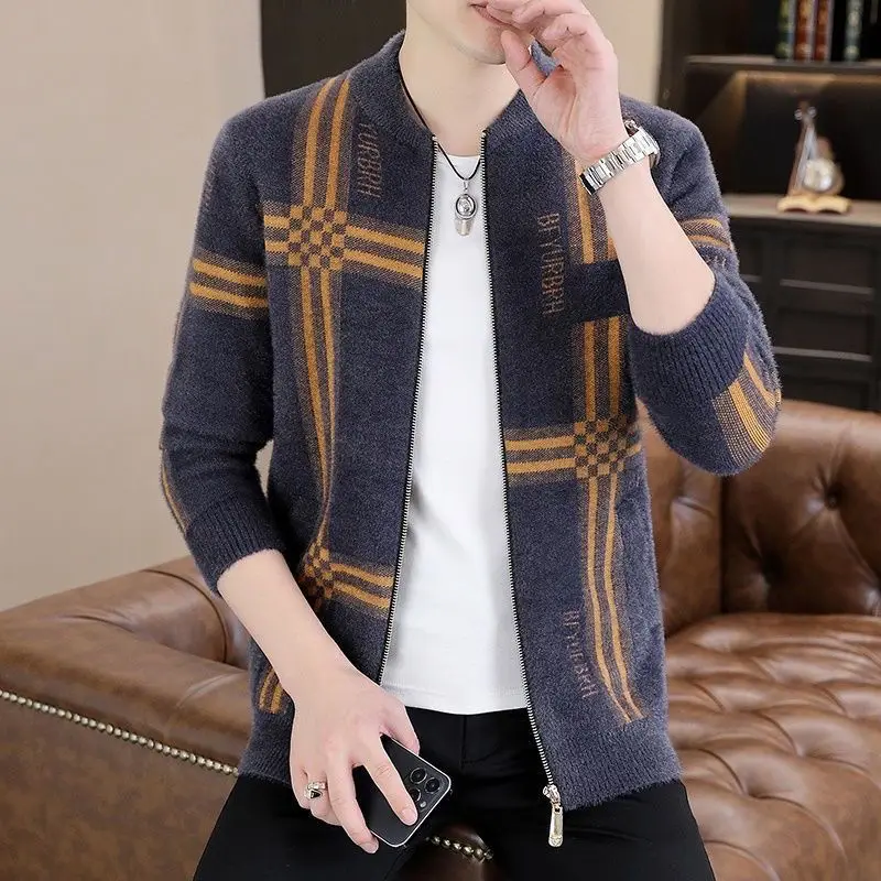 2023 New Mens Clothing Stand Collar Long Sleeve Knitted Autumn Winter Casual Fashion Letter Striped All-match Sweaters Cardigan