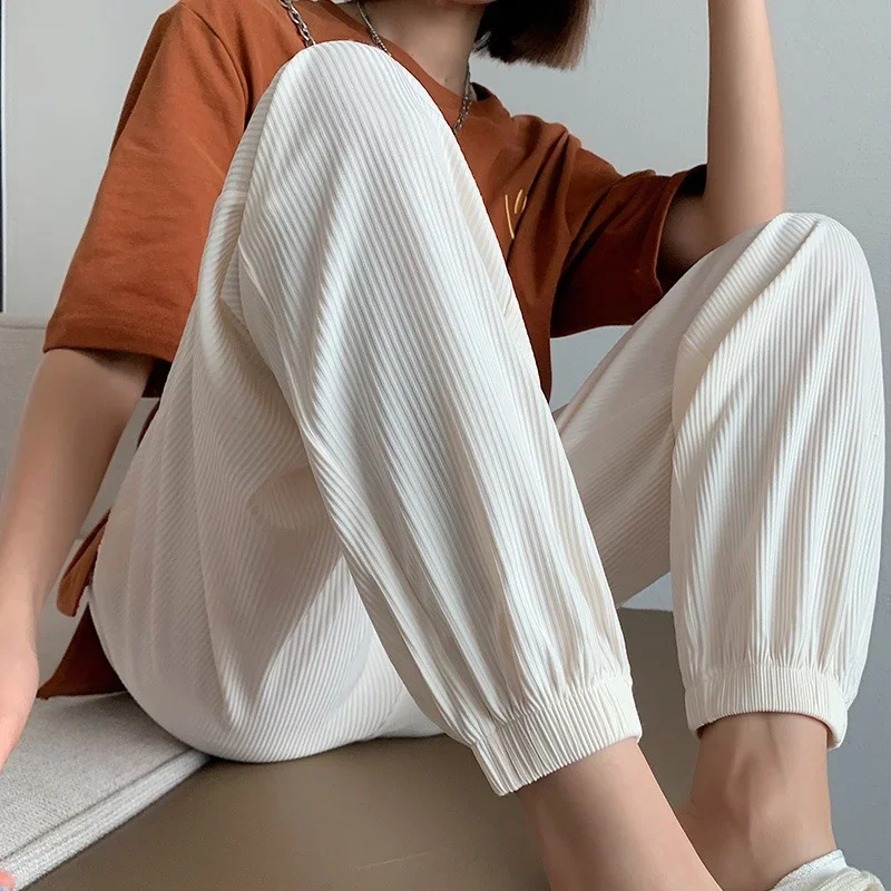 Summer Pink Ice Silk Sweatpants Women Solid Colors Loose Thin Harem Pants Blue Drawstring High Waist Trousers White Jogger Pants