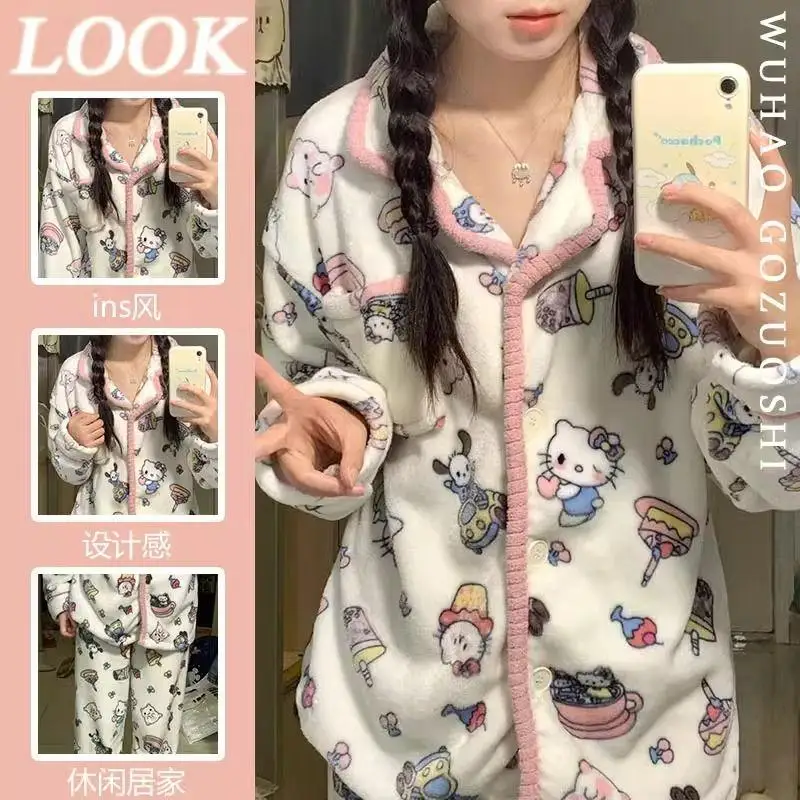 

2023 News Sanrios Hellokitty Cat Kawaii Plush Furry Pajama Set Pants Trousers Warm Housewear Winter Casual Clothes Women Gift