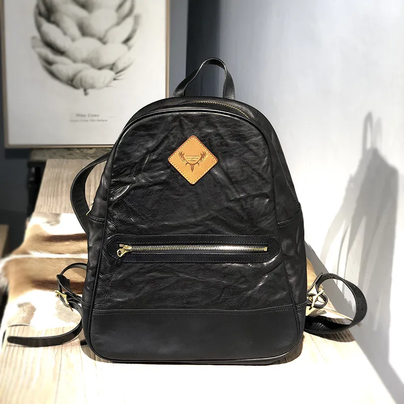 

Vintage luxury natural genuine leather ladies backpack designer outdoor travel real cowhide women's black bagpack bookbag