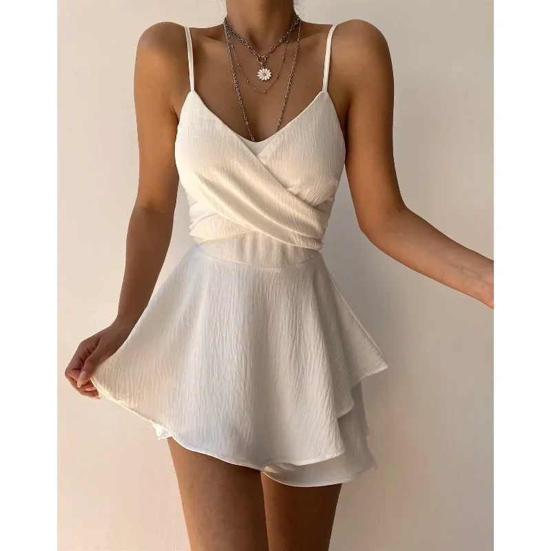 

New Slim Spaghetti Strap Sexy Jumpsuits Y2k Solid Ruffles Summer Rompers Casual Threaded Slip Playsuit Female 2023 Ropa Mujer