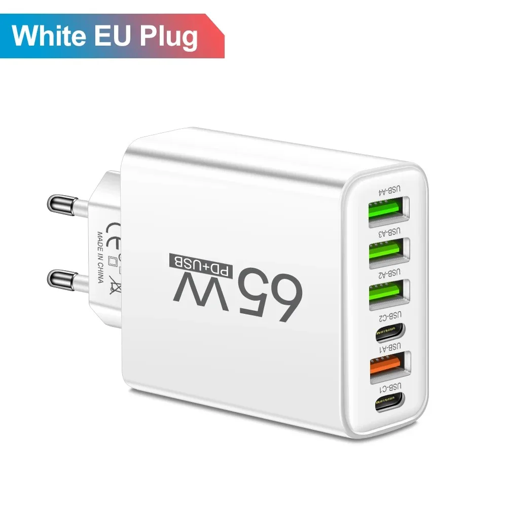 Caricatore USB multi porte da 65 W Adattatore per caricabatterie per telefono di tipo C a ricarica rapida per iPhone Samsung Xiaomi Huawei Caricatore da muro con spina UE/USA