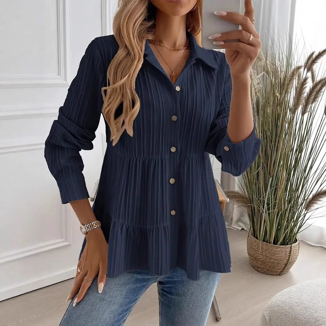 Women Long Sleeve Button Pleated Workwear Blouse