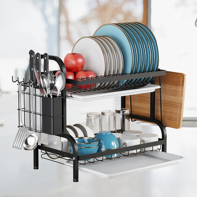 Large Dish Drying Rack, 2-Tier Dish Racks for Kitchen Counter, Detachable  Dish Drainer Organizer with Utensil Holder Drain Board - AliExpress