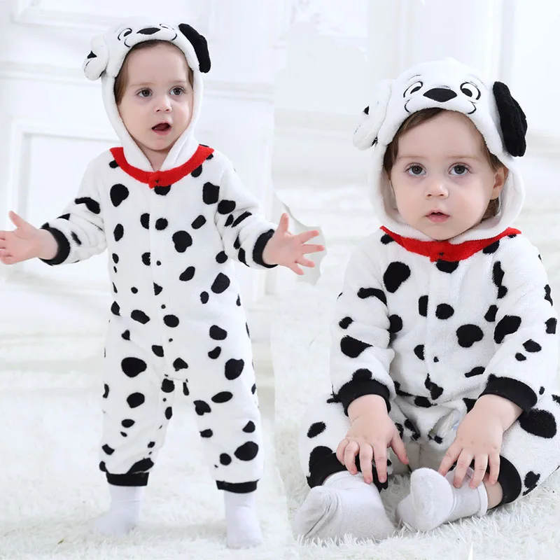 

Baby Dalmatians Spotty Dog Costume Kigurumi Cartoon Animal Rompers Infant Toddler Jumpsuit Flannel Halloween Fancy Dress