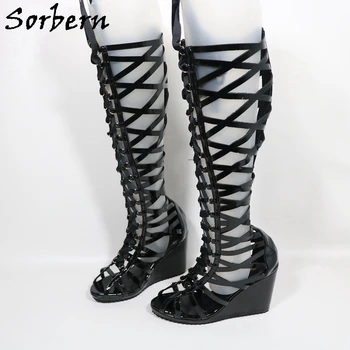 Sorbern Black Glossy Knee High Boots For Women Summer Style Wedges Lace Up Hollow Out Platform Multi Colors