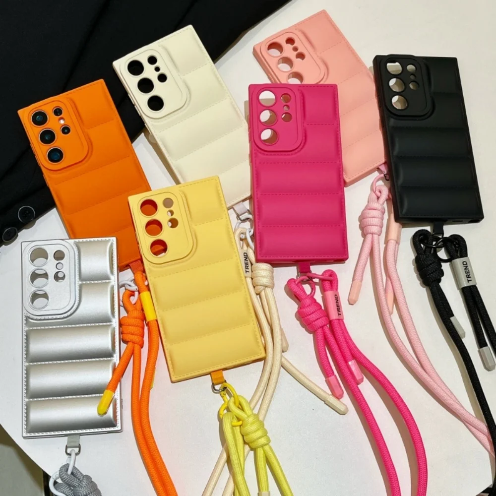 Luxury Down Jacket Crossbody Phone Case with Long Lanyard Strap Cover