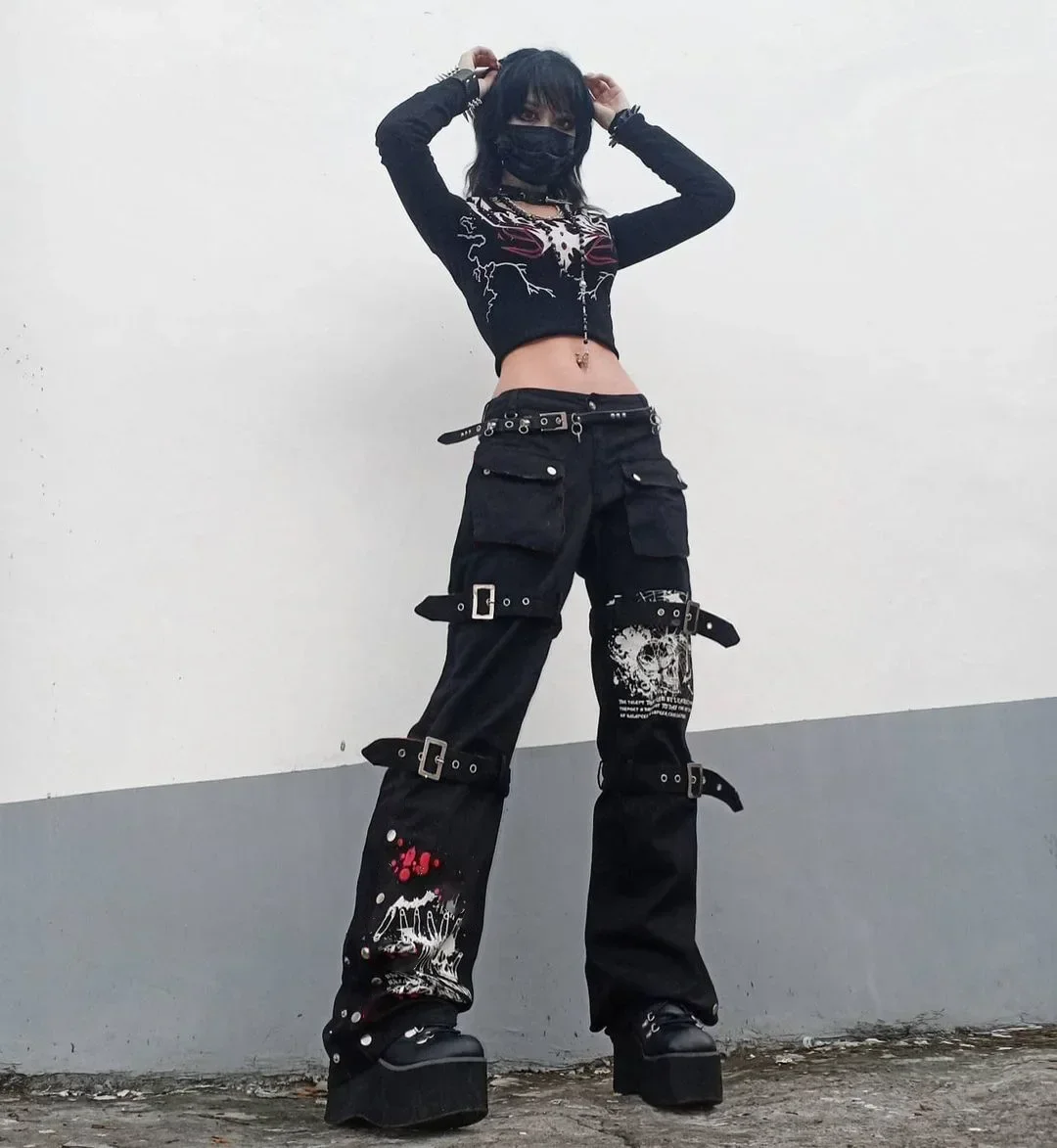 Fashion Gothic Cargo Pants Pocket Split Straight Pants Women Printed Casual Denim Drape Pants High Waisted  y2k Clothes