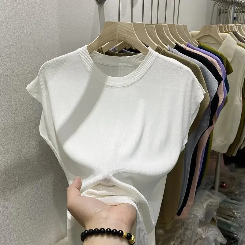 Women's T-shirt Summer O Neck Knitted Fashion Woman Blouse Short Sleeve Tees Solid Color Ice Silk Oversized T-shirt Women