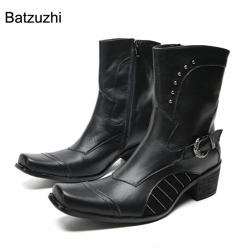 

Batzuzhi Western Cowboy Boots Men Square Toe Black Genuine Leather Boots for Men Mid-calf Motorcycle Boots Men, Big US6-12