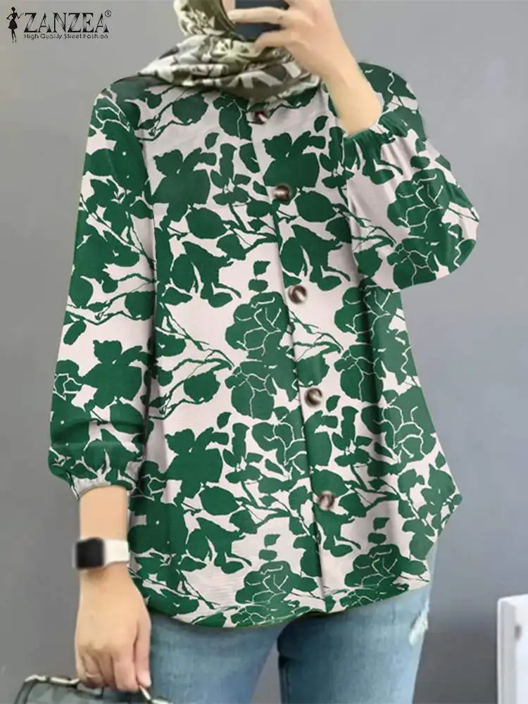 

2023 ZANZEA Bohemian Floral Printed Chemise Fashion Muslim Women's Blouse Casual Tunic Tops Puff Sleeve Loose Islamic Clothing