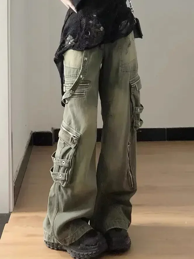 Loose Retro Washed Cargo Jeans Streetwear Women Zipper Baggy Pants Hiphop Straight Pants Multi-pocket Wide Leg Jeans Women 3