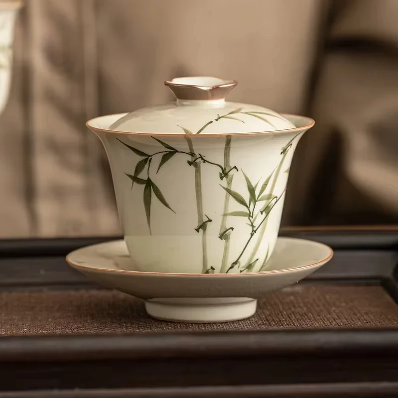 Hand Painted Green Bamboo Tea Tureen ceramic Chawan Gaiwan Supplies Puer Jingdezhen Bowl Cover Cup Chinese Porcelain Tableware