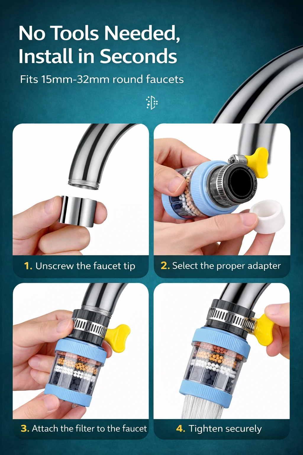 Flexibler Wasserhahn-Verlängerer mit Filter, 360° ° Biegbare Anti-Spritz-Wasserhahndüse, Küchenspüle Wasserfilter Belüfter Verlängerungsrohr – Detail 12