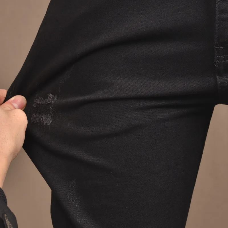 Men'S Black Ripped Patch Jeans Stretch Slim High-End Embroidered Hot Drill Street Casual Cotton Denim Pants