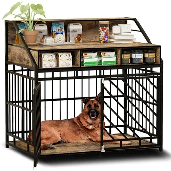 43.3‘’ Dog Furniture Crate with Drawers for Meduim Large Dogs Breeds, Wooden Steel Pet Kennel Decorative End Table 1