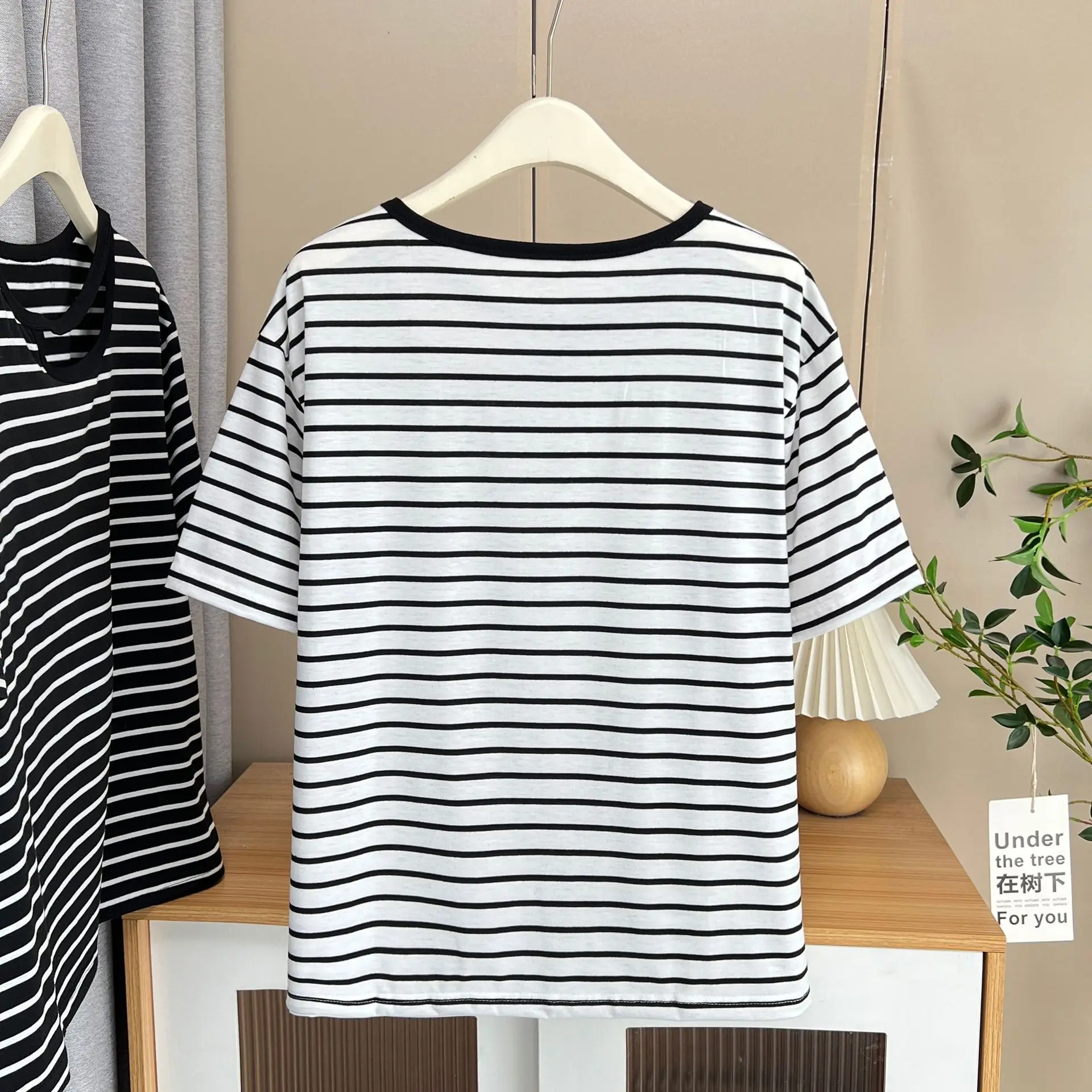 Summer Top New 100kg Retro Casual Hollow Striped Short Sleeve Tees Plus Size Women's Classic T-Shirt 312
