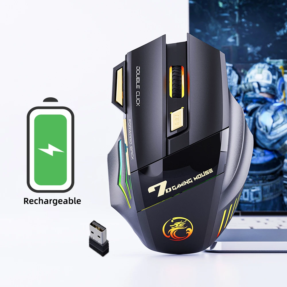 Wireless Gaming Mouse Ergonomic Silent RGB Gaming Mouse Rechargeable 7-color Breathing LED Portable Durable for Laptop Ipad Tool