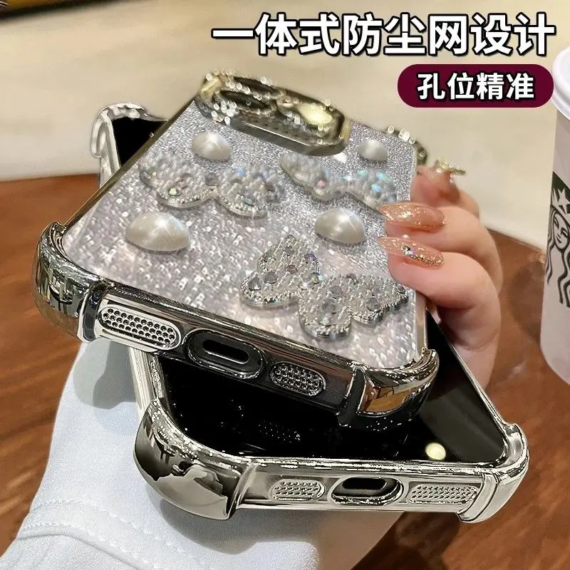 Gradient Glitter Pearl Butterfly Strap Electroplated Phone Case