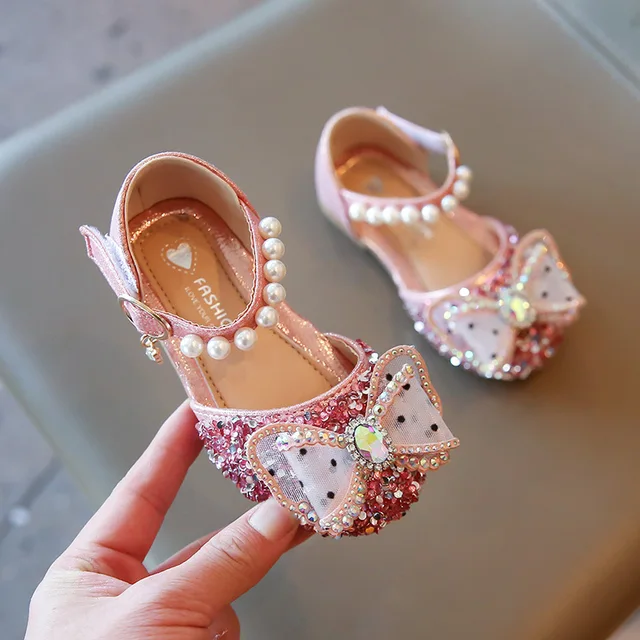 Summer Girls Sandals Fashion Sequins Rhinestone Bow Girls Princess Shoes Baby Girl Shoes Flat Heel Sandals Size 21-35 SHS104 SHS127 Pink