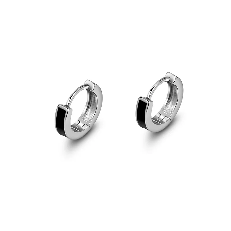 GXGlint 925 Sterling Silver New Trendy Men's Hoop Earrings in S925 Silver with Jelly Drip and Earlobe Care Men's Black Earrings