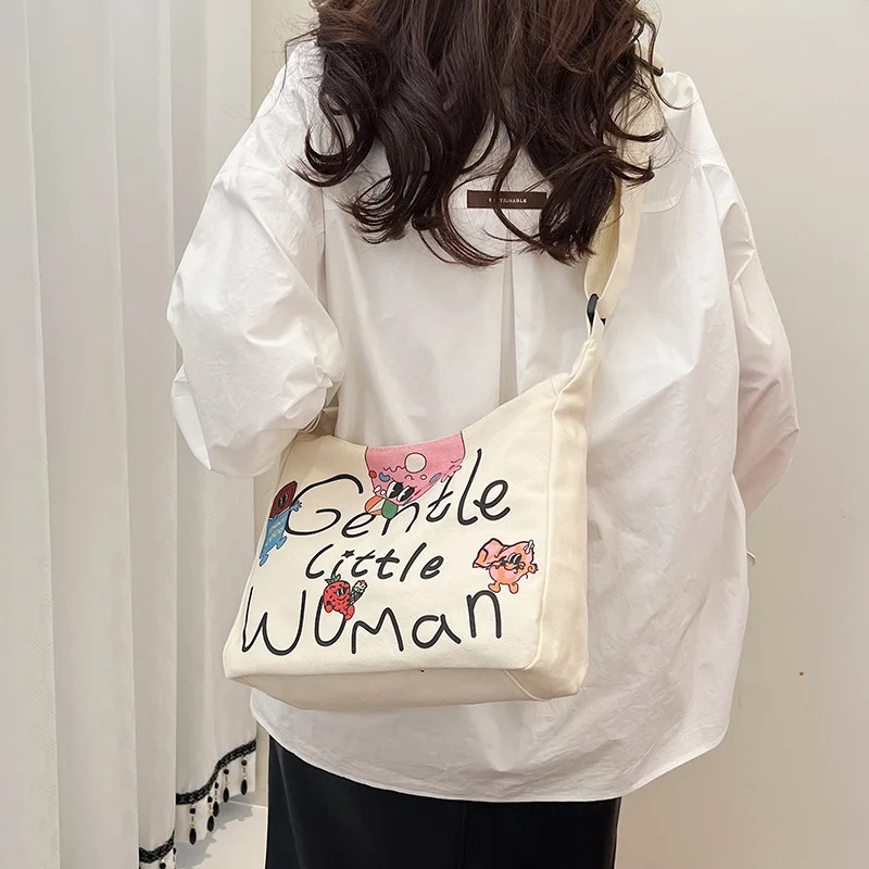 Gentle Woman Letter Canvas Bag, Trendy Versatile Large Capacity Commuting Crossbody Shoulder Bags, Casual Daily & Chic Outings