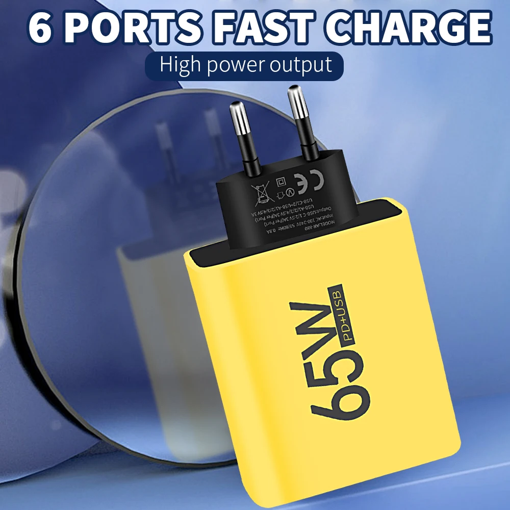 65W 6 Ports USB Power Adapter For iPhone 15 Samsung Xiaomi Huawei
